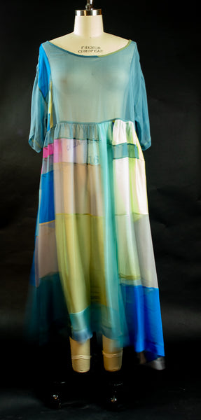 Light Turquoise Blue and Prints Silk Chiffon Patchwork Tunic