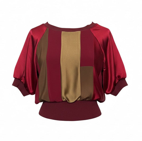 Burgundy Silk Patchwork Top with Ribbing at Sleeve Waist and Neckline