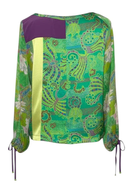 Large Green Print Patchwork Silk Charmeuse BOHO Top