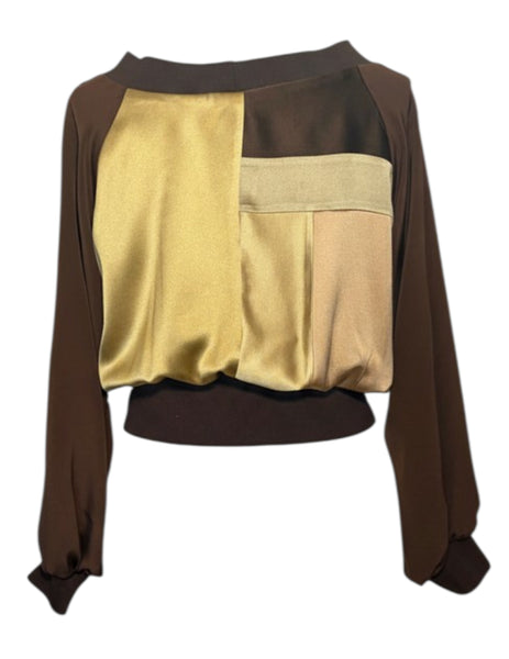 Gold and Brown Silk Patchwork Top with Ribbing at Sleeve Waist and Neckline