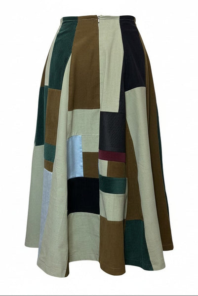 Patchwork Corduroy Sage Green Brown A line Skirt