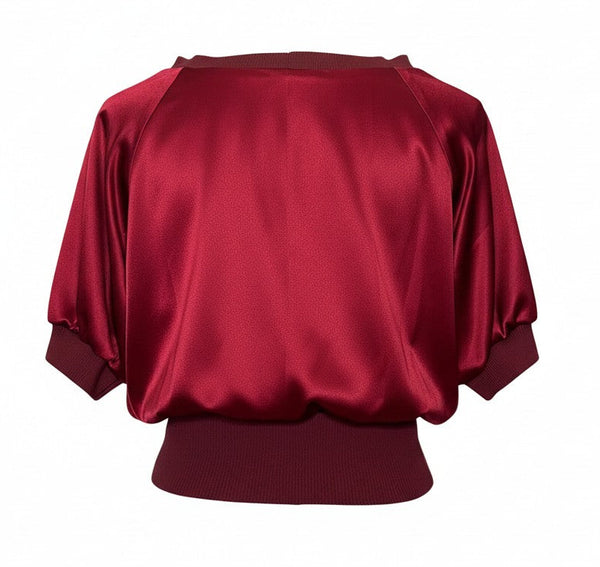 Burgundy Silk Patchwork Top with Ribbing at Sleeve Waist and Neckline