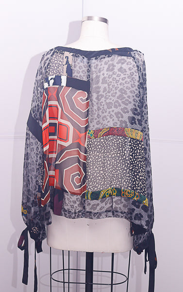 BOHO Blouse Patchwork Silk Printed Chiffon with Patches of Silk Printed Charmuese