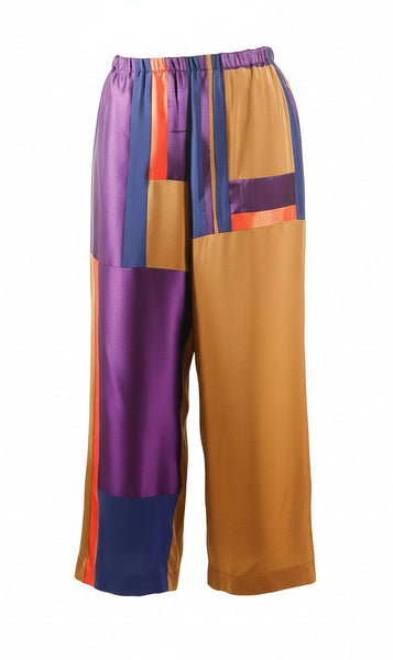 Patchwork Brown Silk Crepe de Chine and Charmeuse Pants