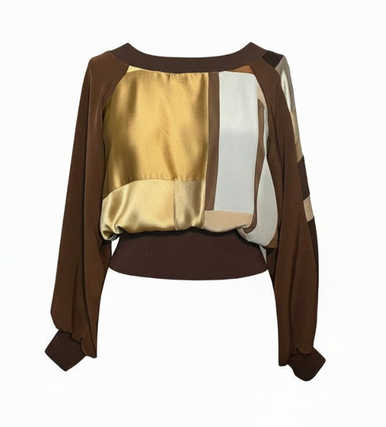 Gold and Brown Silk Patchwork Top with Ribbing at Sleeve Waist and Neckline