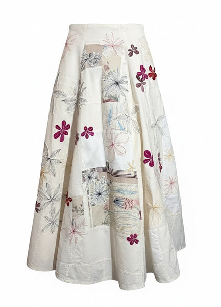 Patchwork Muslin Skirt with Applique Flowers