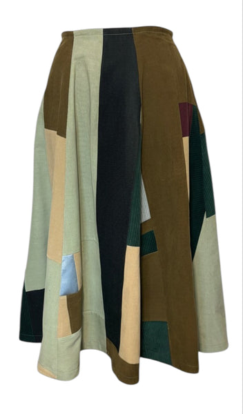 Patchwork Corduroy Sage Green Brown A line Skirt