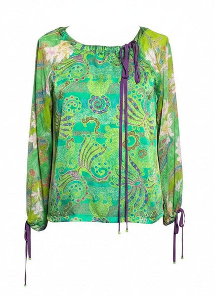 Large Green Print Patchwork Silk Charmeuse BOHO Top