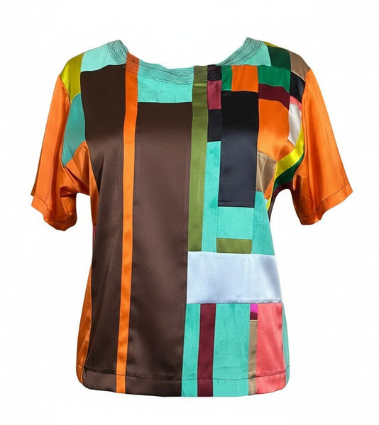 Stretch Silk Charmeuse Patchwork Orange and Brown T shirt