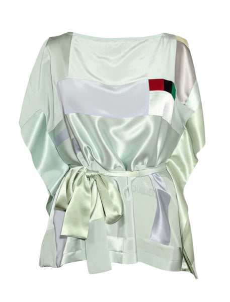 Mint Patchwwork Silk Crepe de Chine and Charmeuse Tunic Top with Self Tie Belt