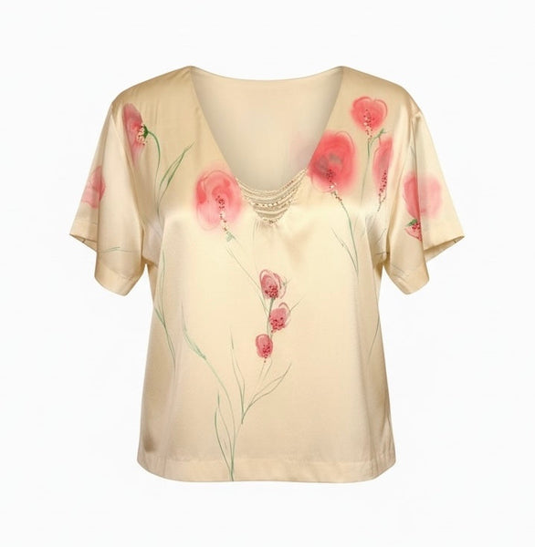 Stretch Charmeuse Off White Color Silk Handpainted and Beaded V neck