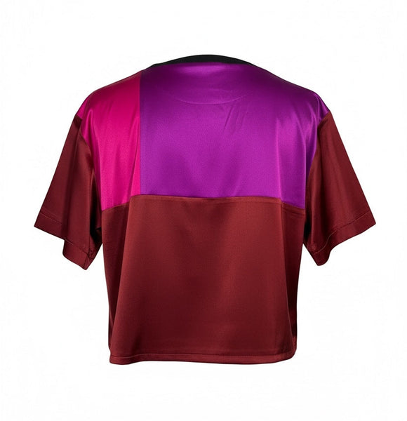 Stretch Silk Charmeuse Patchwork Purple Pinks and Navy Crop T Shirt