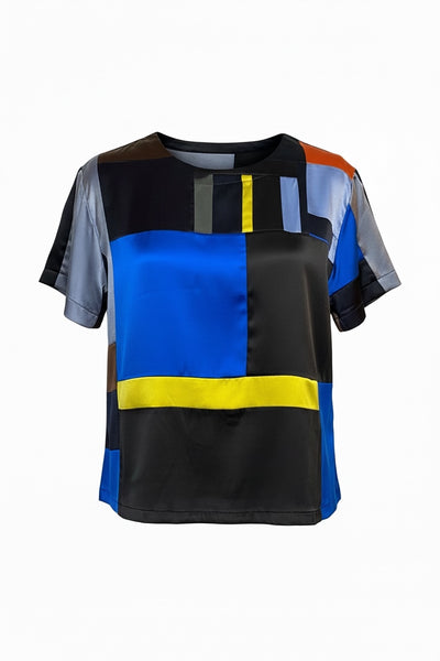 Stretch Silk Charmeuse Patchwork Blues T shirt