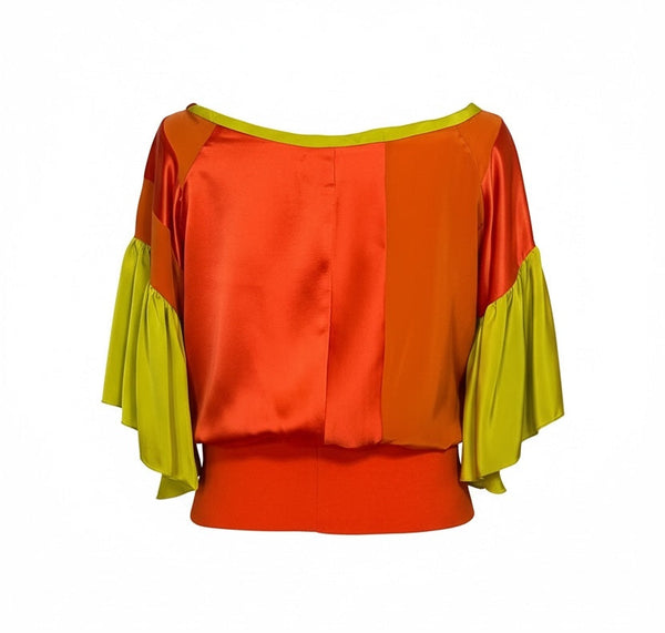 Orange Silk Patchwork Top with Ruffle Sleeve with Ribbing waist