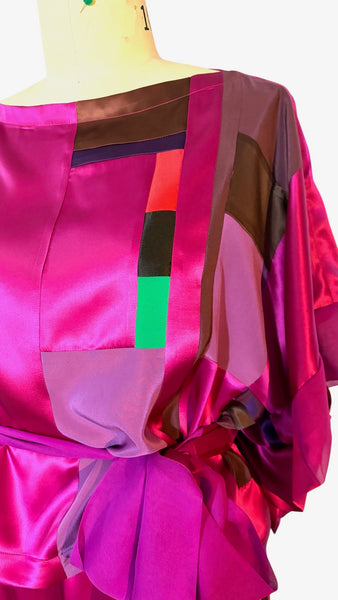 Pink Patchwwork Silk Charmeuse and Chiffon Tunic Top with Self Tie Belt