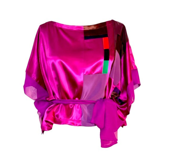 Pink Patchwwork Silk Charmeuse and Chiffon Tunic Top with Self Tie Belt