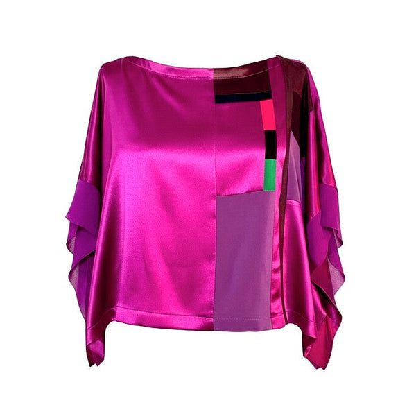 Pink Patchwwork Silk Charmeuse and Chiffon Tunic Top with Self Tie Belt