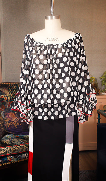 Large Polka Dot BOHO Top with Ruffle at sleeve and Red Stitching