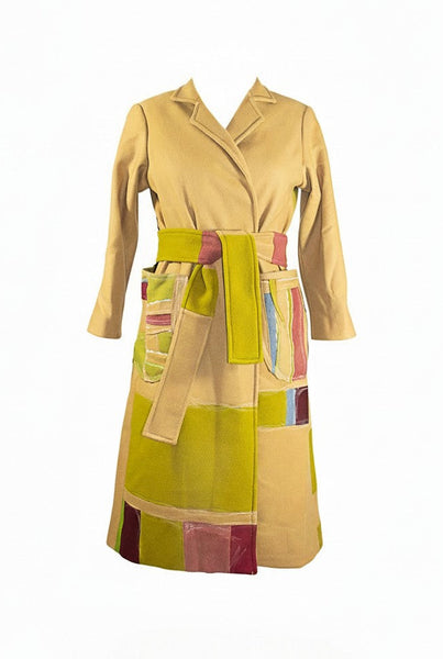 Patchwork Wool Blend Wrap Coat with Stitching