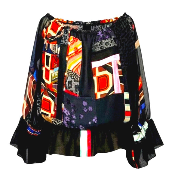 X Large Black Patchwork Silk Chiffon BOHO Top