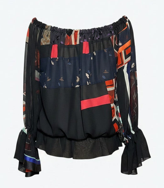 X Large Black Patchwork Silk Chiffon BOHO Top