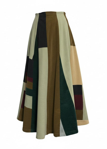 Patchwork Corduroy Sage Green Brown A line Skirt