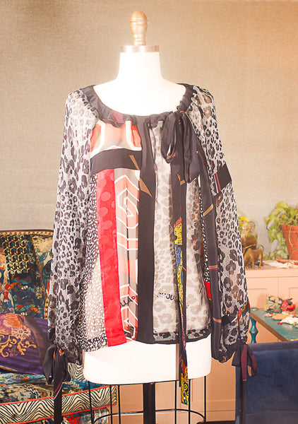 BOHO Blouse Patchwork Silk Printed Chiffon with Patches of Silk Printed Charmuese