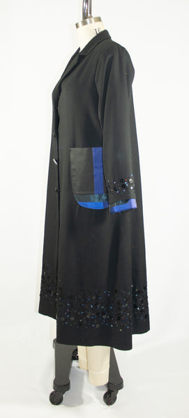 Black Wool Coat with Sequin Beaded Hem and Patchwork Pockets