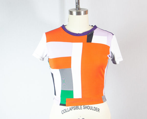 Short Sleeve Colorful Patchwork Rayon T shirt with Stones at Neckline