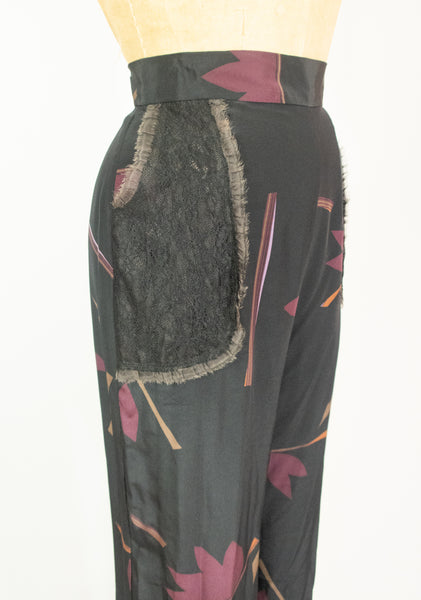 Silk Charmuese Print Pants with Lace Pockets
