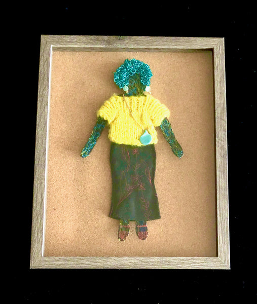 Flat Wool Doll wih Stitched body, with Hand Made Sweater, Beads, and Wool skirt
