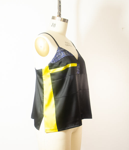 Patchwork Stretch Silk Camisole Navy Blue With Yellow