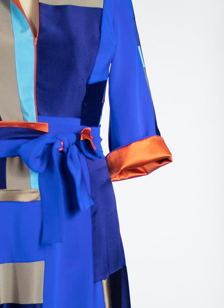 Blue Patchwork 4 Ply Silk Dress with Orange Zipper