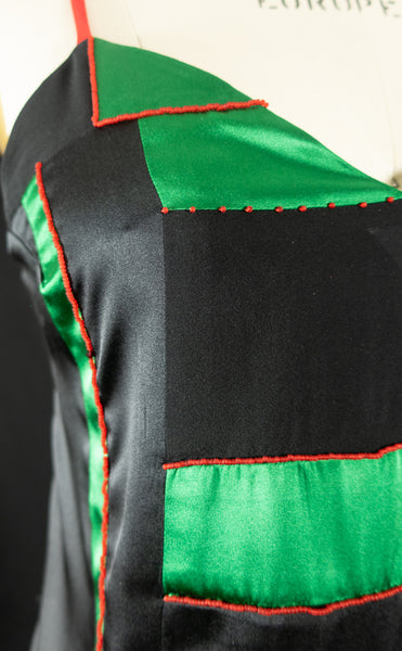 Red, Black, and Green Patchwork Stretch Silk Camisole with Beading