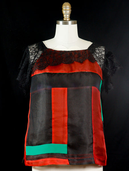 Silk Patchwork Organza Tunic with Lace Embellishment Red, Black, and Green