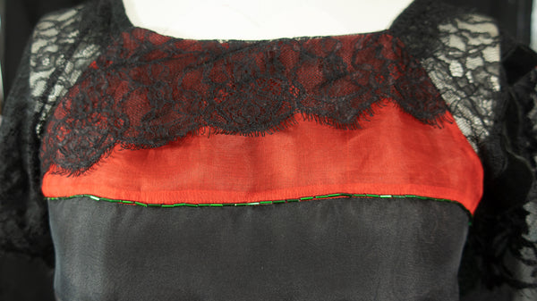 Silk Patchwork Organza Tunic with Lace Embellishment Red, Black, and Green