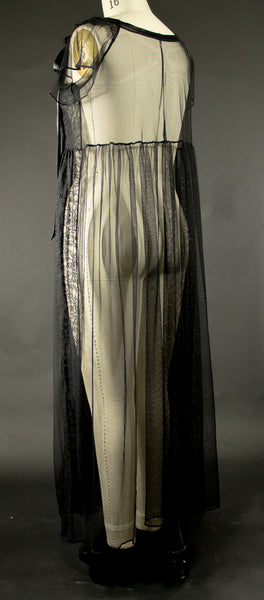 Black Stretch Net Dress with Ribbon Drawstring at Neckline