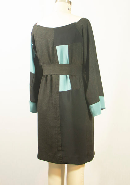 Patchwork Charcoal Grey Wool and Turquoise Blue Silk Dress with Belt